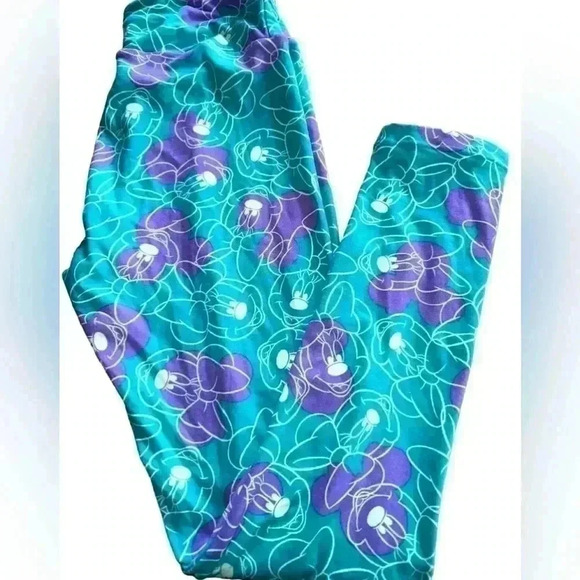 Lularoe one size Disney Minnie Mouse leggings in turquoise, purple, and white. - Picture 1 of 4